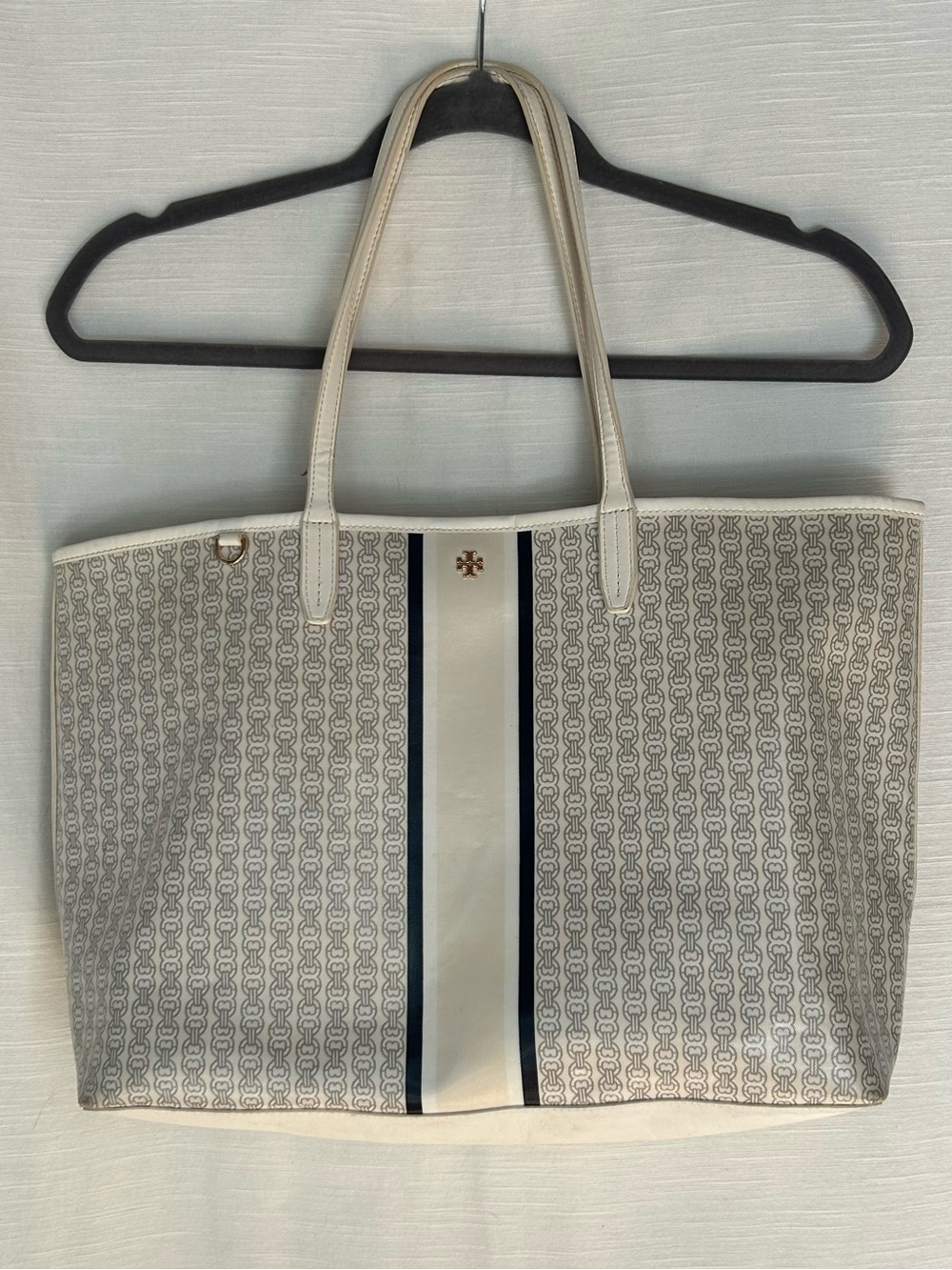 Tory Burch Cream Classic Preppy Logo-Print Tote with‎ Navy Stripe